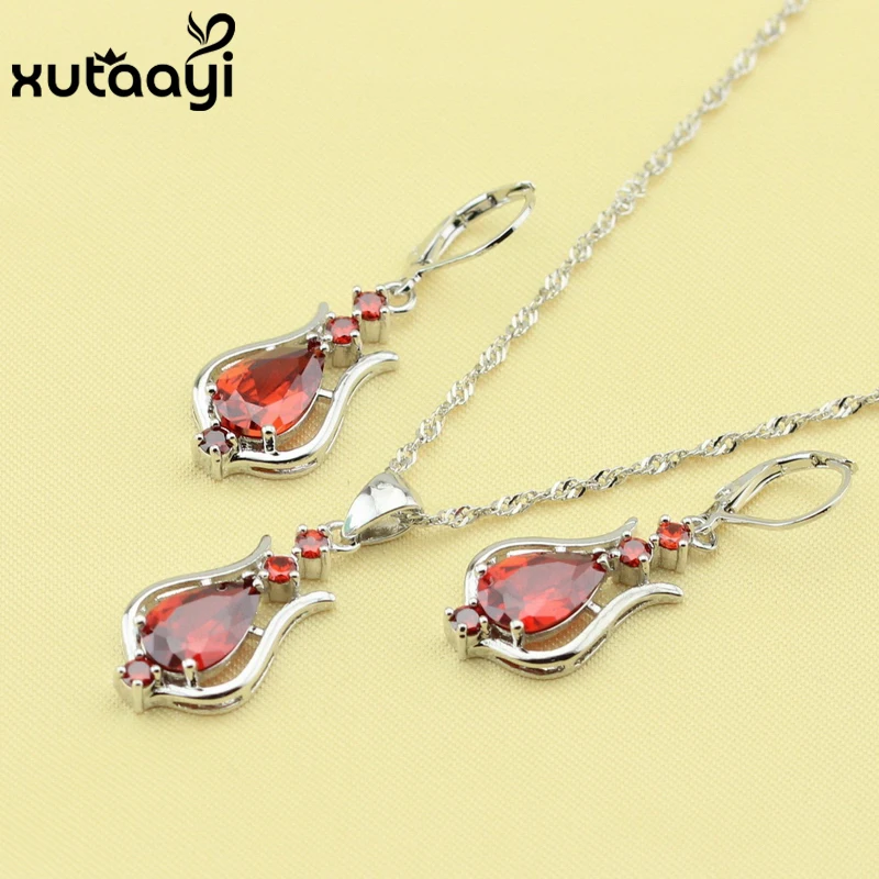 

XUTAAYI Superb Silver Color Jewelry Sets For Women, Synthetic Red Garnet Alluring Necklace Pendant Drop Earrings Christmas Gift