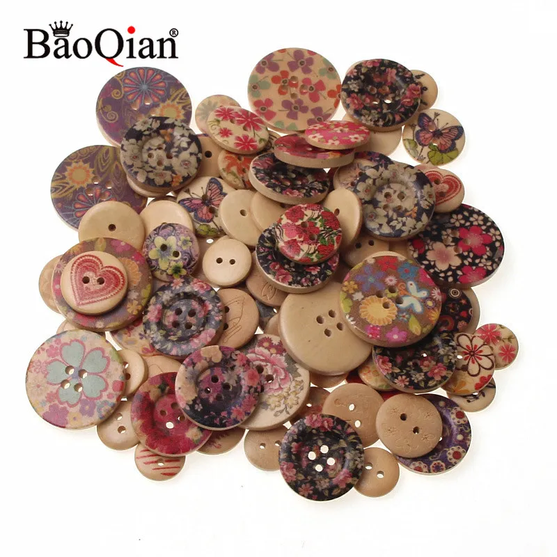 50Pcs 20mm Retro Bird Pattern Wood Button 2Hole Round Wooden