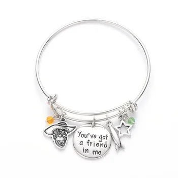 

Toy Story You've got a Friend in me Bracelet Engraved Charm with Woody,Aircraft,Star Copper Expandable Bangle Birthday Gift BFF