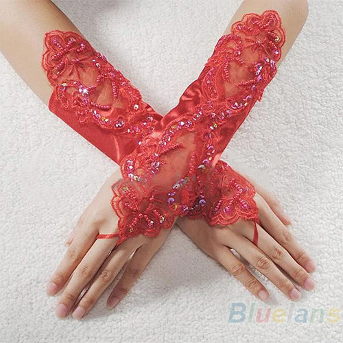 

2016 New Sexy Bride Party Fingerless Pearl Lace Satin Gloves Costume