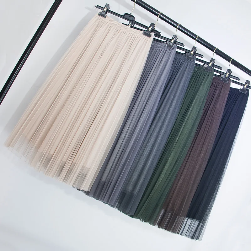 

Gauze Skirt Summer Korean Solid Layered Tulle Long A-line Skirts Pink Coffe Army Green Mid Calf Long Mesh Skirts