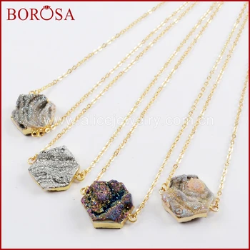 

BOROSA 5/10PCS 16" Fashion Gold Color Hexagon Rainbow Titanium Galaxy Druzy Quartz Connector Necklace Jewelry for Women G1618-N