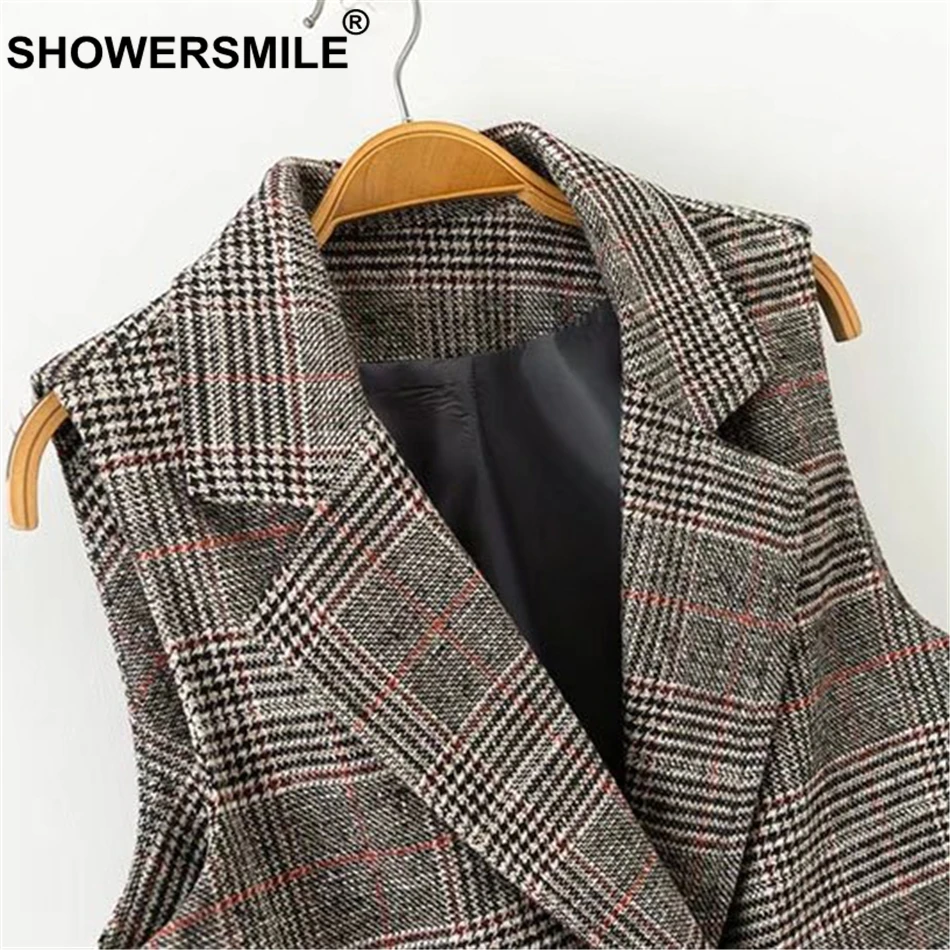 RAINIE SEAN Check Plaid Coat Women Double Breasted Long Vests Waistcoat Female Spring Tartan England Style Sleeveless Jackets
