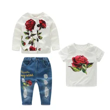 2016 kimocat fashion designer rose printing Girls T shirt Jacket Pants three pieces sets