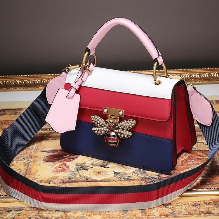 

Women Totes Bags Genuine Cow Leather Messager Bags with Bee Decorated Hardware Color Blocking Flaps Pocket Designer Handbags