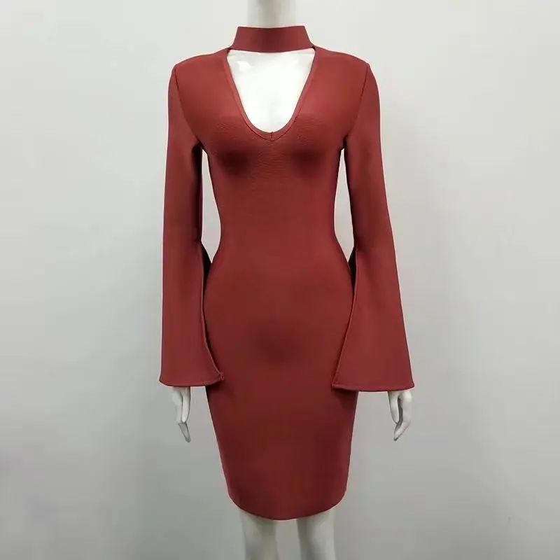 

High Quality Long Flare Sleeve Rayon Bandage Dress Elegant Party Dress HL Dress + suit