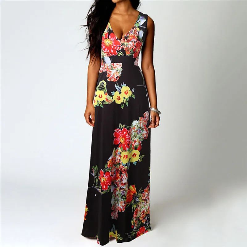 

Dress Women Boho Maxi Summer Beach Long Sleeveless Dress Sheath Cocktail Party Floral Dress Women A#12