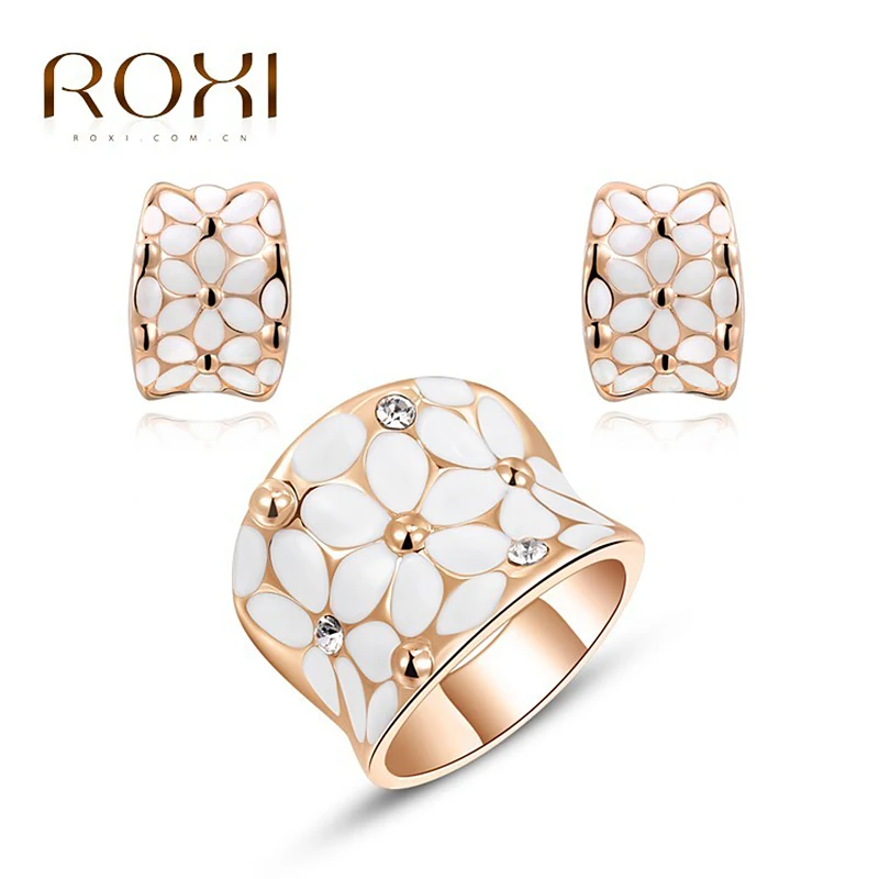 

ROXI Hot Romantic Fine Bride Sets White Flower Ring Stud Ear Earrings Jewelry Set for Women Wedding parure bijoux femme