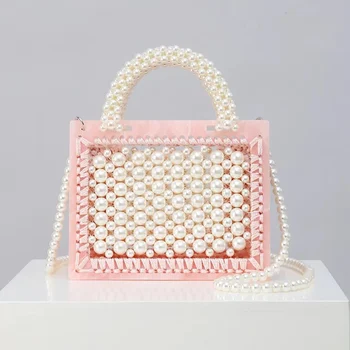 

Bolsos Mujer Pearl Beaded Pink White Shoulder Bead Handle Acrylic Box Clutches Totes Shoulder Party Women Brand Lady Travel Bag