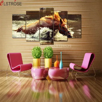 

CLSTROSE 5 Pieces Horse Bathing Canvas Painting Wall Art Home Decor Pictures For Living Room In High Quality Unframed