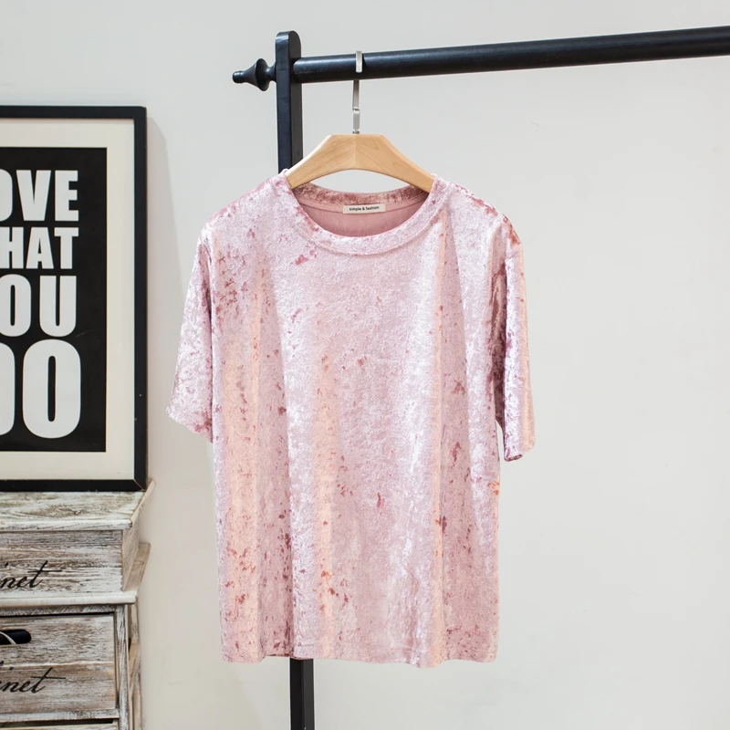 Kopen Nieuwe Aankomst Vrouwen Fluwelen T shirt Zomer Korte Mouw Diamant Fluwelen Top Womens Loose Velour Tee Shirt Femme Camisetas Mujer