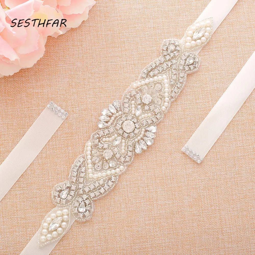 SESTHFAR Crystal Pearls Bridal Belt Hand Beaded Wedding Belts Silver Rhinestones Bridal Sash For Wedding Dresses