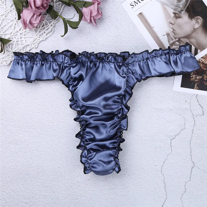 Hot Sexy Mens Satin Underwear T Back Sissy Panties Grid Thong Seamless Enhance Pouch GayBikini Briefs Pants Mens Underwear -