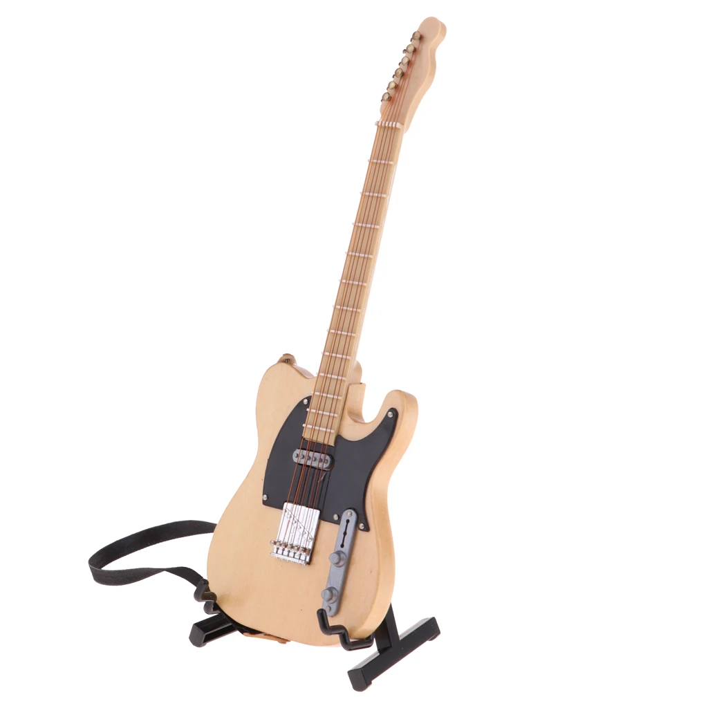 1/6 Mini Kids Toy Guitar Musical Instrument Miniature Dollhouse Model Home decoration with Stand for Music Room (Beige)