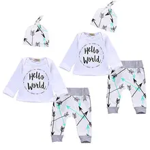 Newborn Baby Girl Boy Clothes Hello World Infant Long Sleeve Plaid Tops + Pants Hat 3pcs Outfit Set