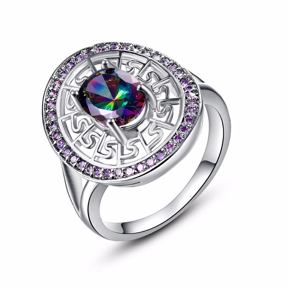 Women Rings  Chinese  Style  Rainbow CZ Purple Crystal 