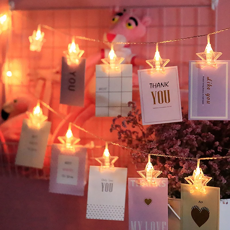

Holiday Party Photo Card Clip Holder LED String Lights Star Garland Valentines Day Wedding New Year Xmas Home DIY Decorations