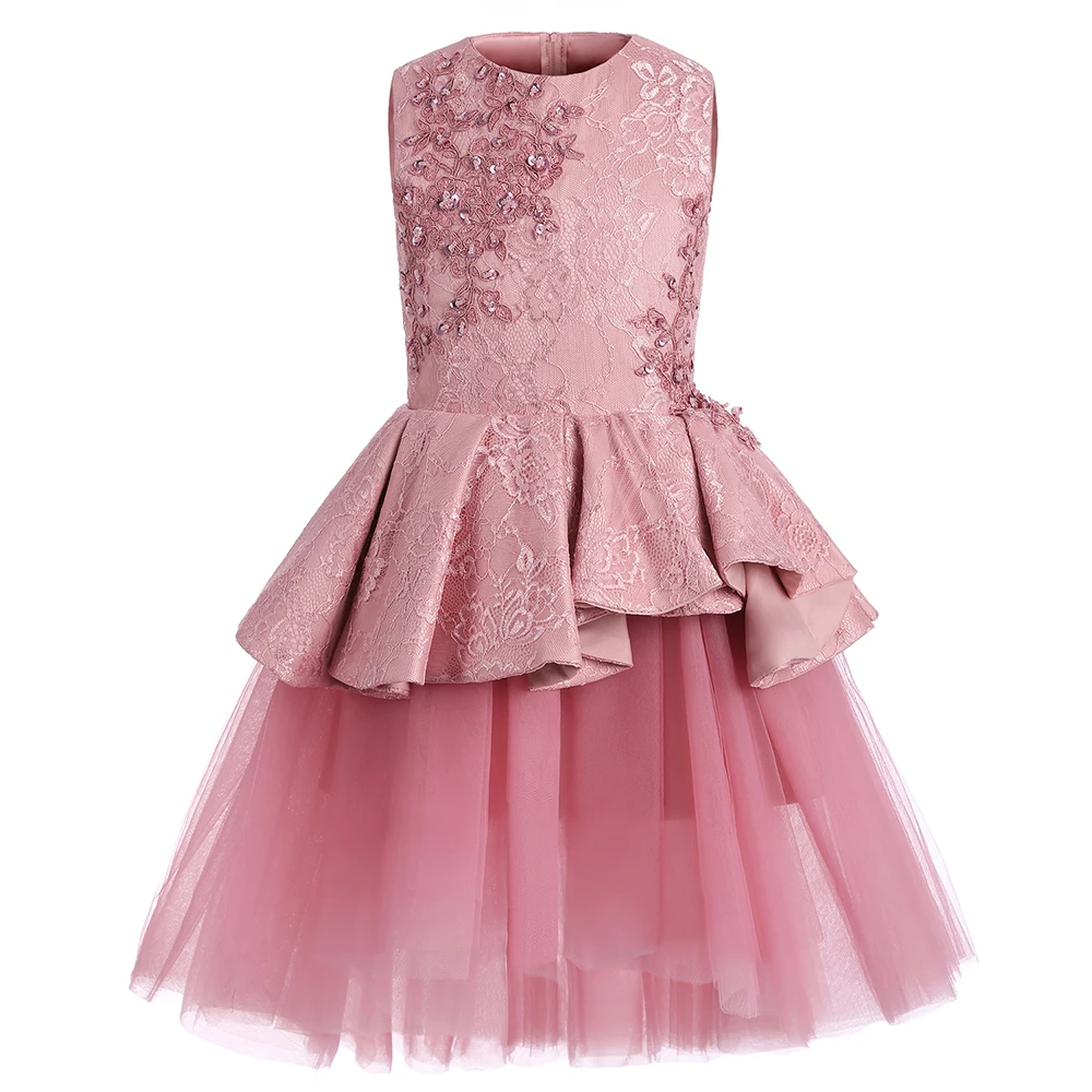 Платье в цветочек для девочек для свадеб розовый Кружева оборками О-образным вырезом бальное платье без рукавов по колено Первое Причастие Платья