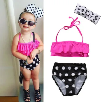 

3Pcs Toddler Kids Baby Girls Swimsuit Bandage Ruffle Top Swimwear Dot Bathing Suit Tankini Bikini Set Bowknot Headband Swiming