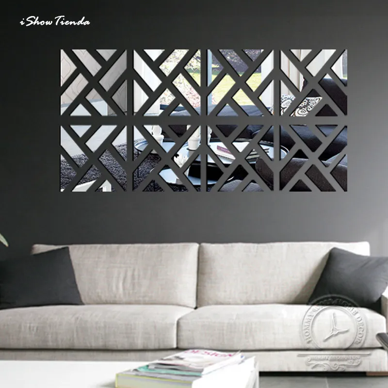 

ISHOWTIENDA 32 Pcs 20*20cm Removable 3D Mirror Acrylic Wall Sticker DIY Art Vinyl Decal Home Decor Wall Stickers Mirror Sticker