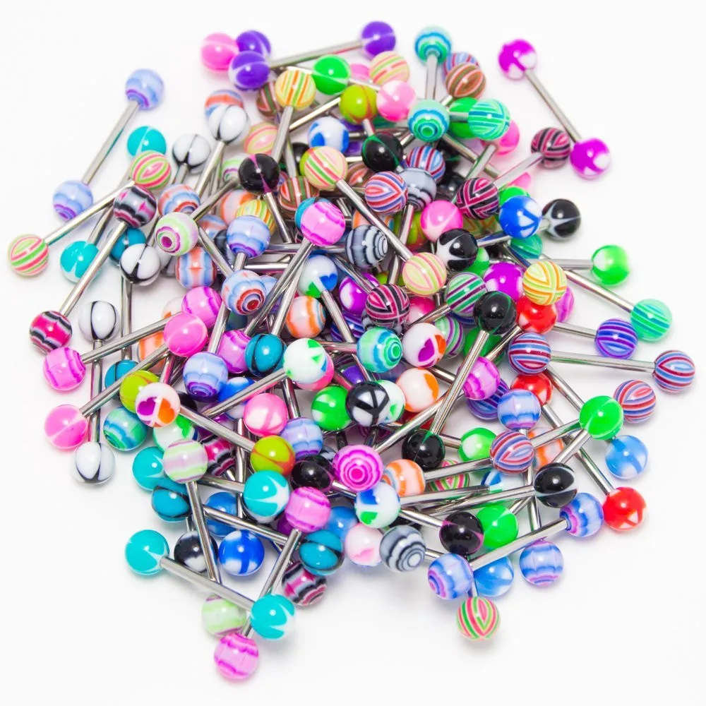 2018 30PCS Colorful Stainless Steel Ball Barbell Tongue Rings Bars