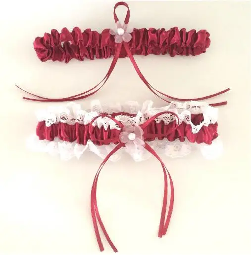 

2-Piece Wine Red Color Polyester With Flower Wedding Garters
