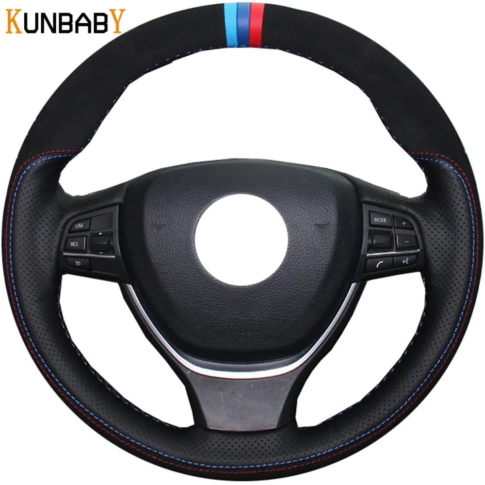 Best KUNBABY Car Styling Black Genuine Leather Suede Car Steering Wheel Cover for BMW F10 2014 520i 528i 2013 2014 730Li 740Li 750Li