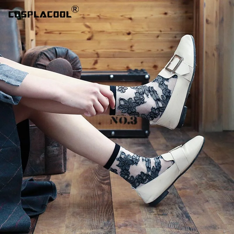 

COSPLACOOL Hipster Transparent Sexy Bowknot Socks Rose Striped Design Ultra-thin Lace Socks Women Silk Glass Floral Harajuku Sox