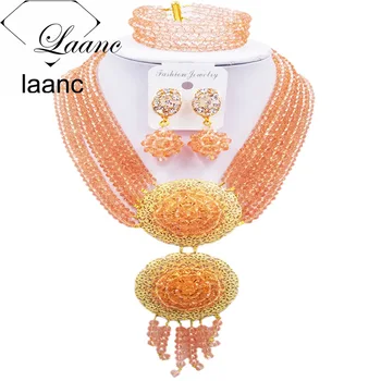 

Laanc Fashionable Peach Crystal Jewelry Set Nigerian Beads African Costume Jewelry 6PHLS024