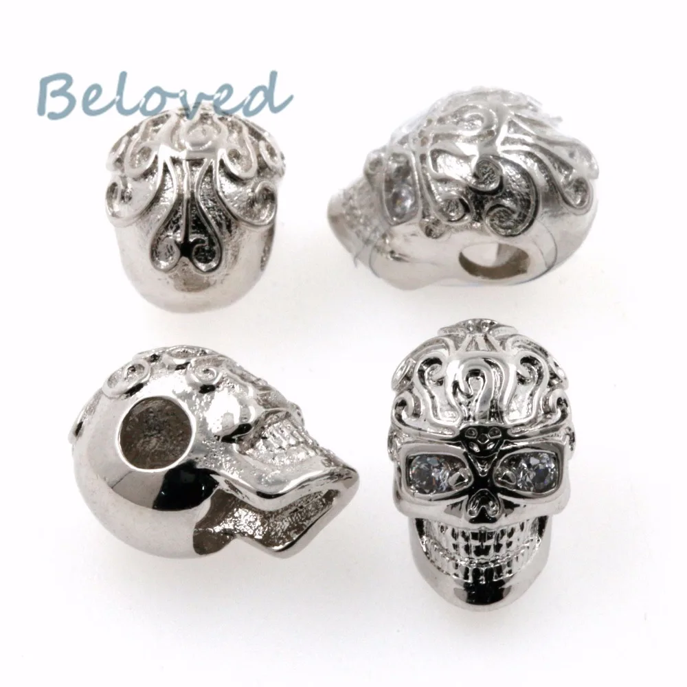 Vintage Micro Paved Zirconia Head Skull Metal Charms Beads, ClearCubic CZ Men's Paracord Bracelet Making Spacer Beads, BG18213