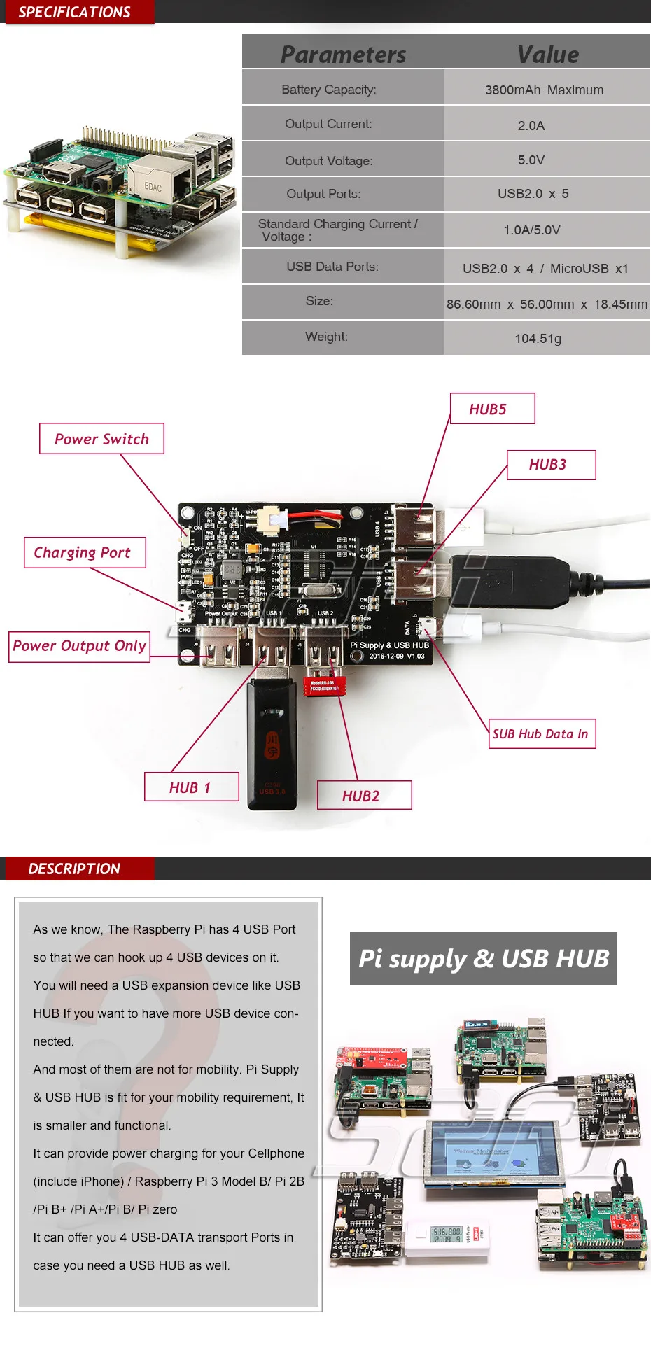 52Pi! 5-Порты и разъёмы 3800 мАч USB 2,0 концентратор Питание модуль для Raspberry Pi 3/2 Модель B/A+/Pi Zero