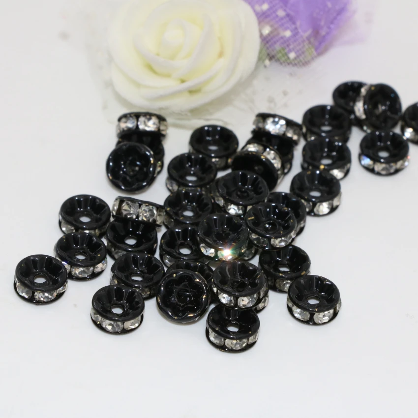 

30pcs top quality rhinestone crystal inlay black spacer rondelle abacus beads 6 8 10 12mm diy jewelry findings accessories B2816