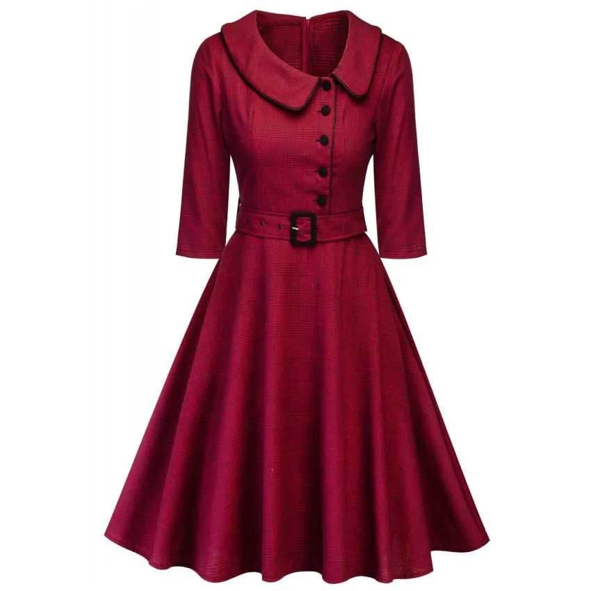 Женское весеннее повседневное бордовое элегантное офисное клетчатое винтажное платье с 3/4 рукавами с отложным воротником и поясом в стиле ретро осенние платья