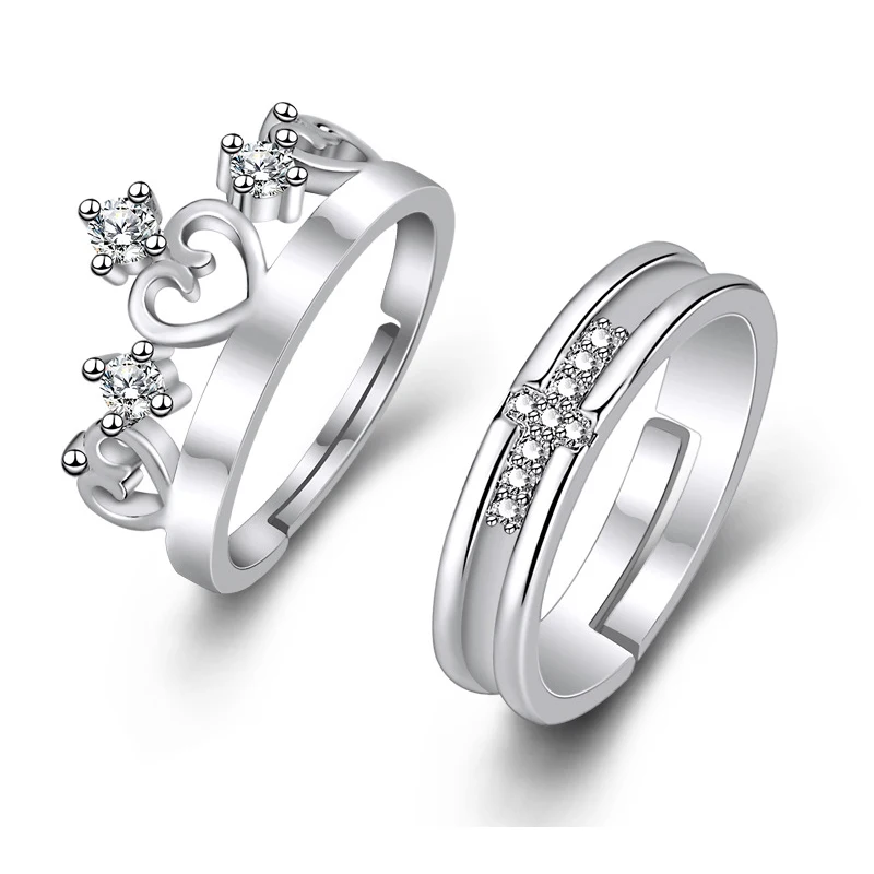 cheap 2pcs set Couple Ring, White Gold Her King His King Crown and Cross Adjustable Rings for Women Men 16mm