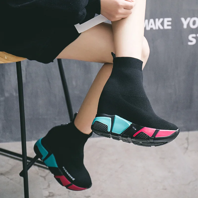 Tanie SWYIVY skarpety buty kobieta Hided Wedge platforma kobiece obuwie 2018 jesień nowy Wedge Lady Knitting krótkie botki platforma