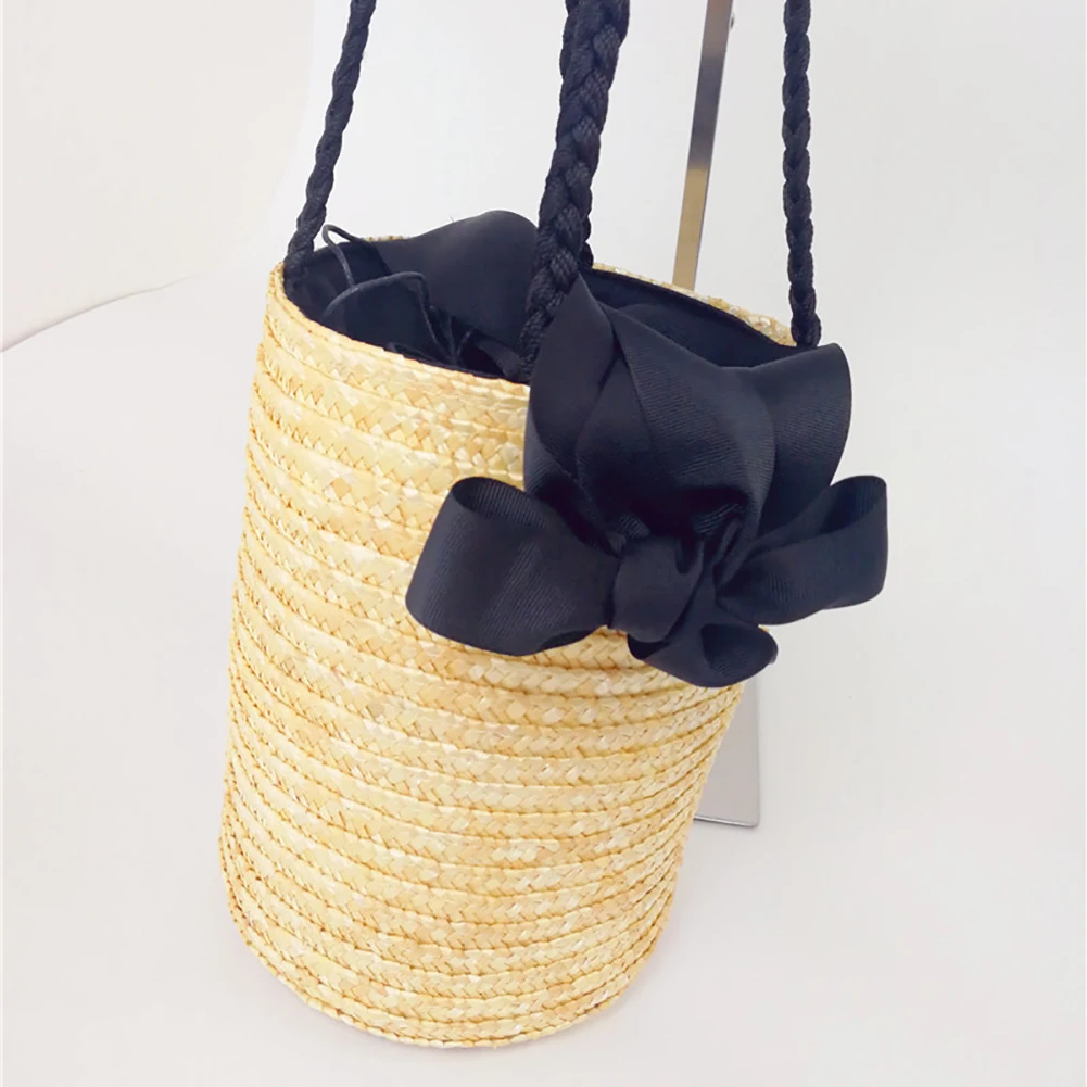 Милая соломенная сумка в форме ведра, Вязаная пляжная сумка для хранения цветов, соломенная сумка-мессенджер, Модные Тканые сумки через плечо