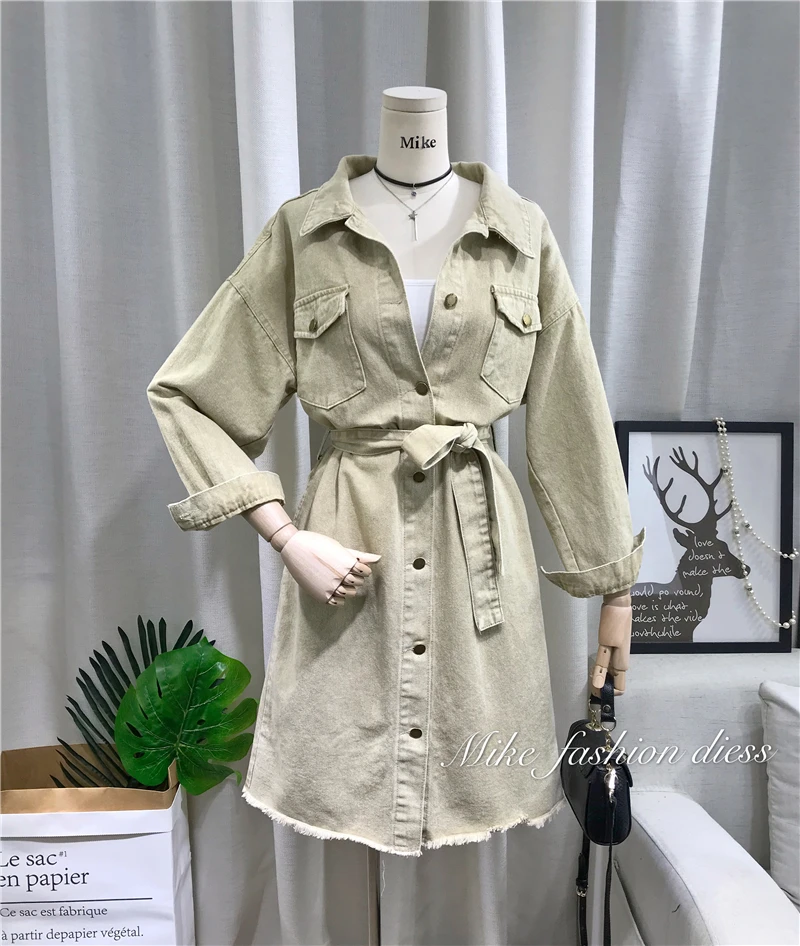 

2019 Spring New Fashion Solid Color Denim Dress with Belt Women's Long Sleeves Mid Length Loose Jeans Shirt Dress
