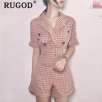 

RUGOD Plaid women bodysuits tops and shorts v neck summer casual wearing high waist fashion playsuits modis rompers femme