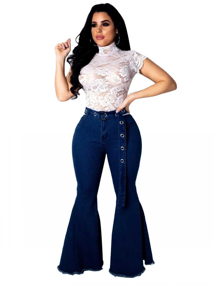 

New Women Blue Casual High Waist Flare Jeans Fashion Full Length Skinny Denim Pants +Belt Washed Stretch Slim Jeans Trousers