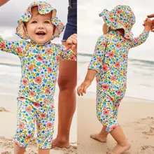 UK/детский короткий комбинезон с цветочным принтом для девочек, боди, костюм, купальный костюм для мальчиков с милым рисунком динозавра, плавки+ шапочка, комплект