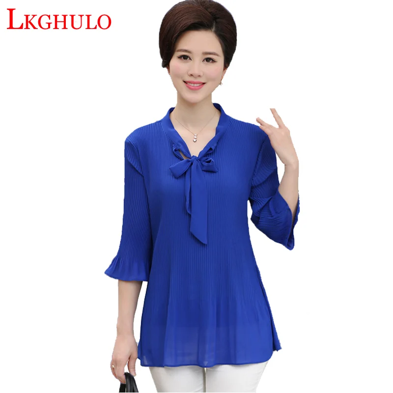 

New 2019 Spring Summer Chiffon Solid Color Middle age Women Mother Clothing Chiffon Blouse Pullover W818