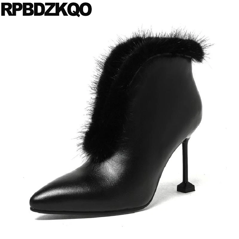 

Women Boots Winter 2017 Fur Mink Pointed Toe Designer High Heel Ankle Sexy Genuine Leather Booties Shoes Slip On Stiletto Black