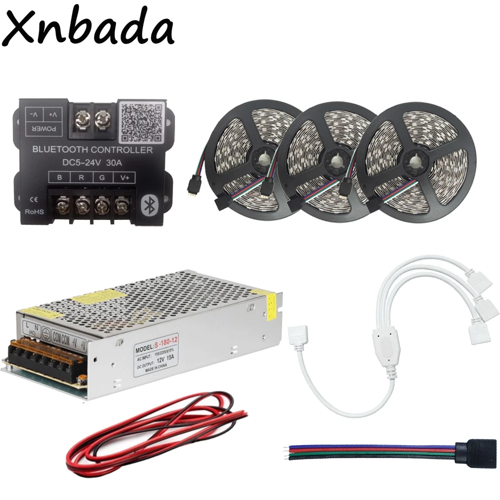 

15M 5050 60Led/m RGB Led Strip Led Flexible Light Tape+Bluetooth Led Controller+12V 15A Led Power Supply Adapter Kit