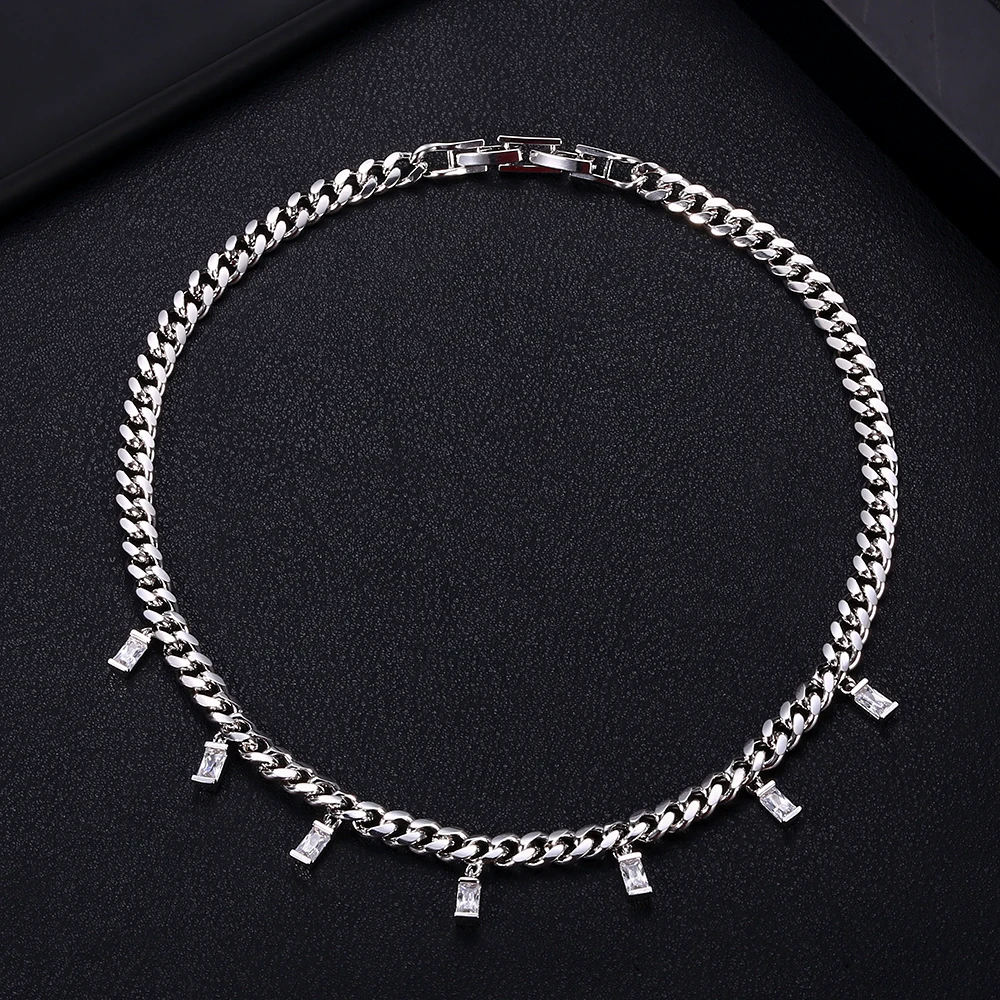 

JANKELLY Popular AAA cubic zirconia Baguette pulling chain necklace for Women adjustable length trendy geometric necklaces