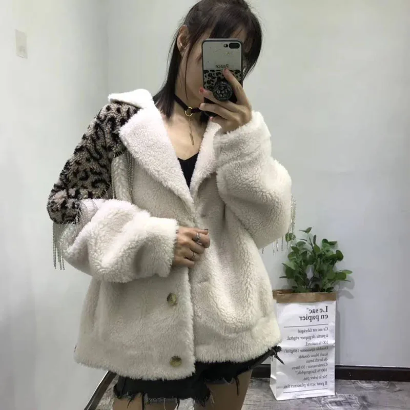 

plus size coat winter autumn real price sheep fur coat leopard pacthwork jacket women clothes short coats abrigos mujer korean