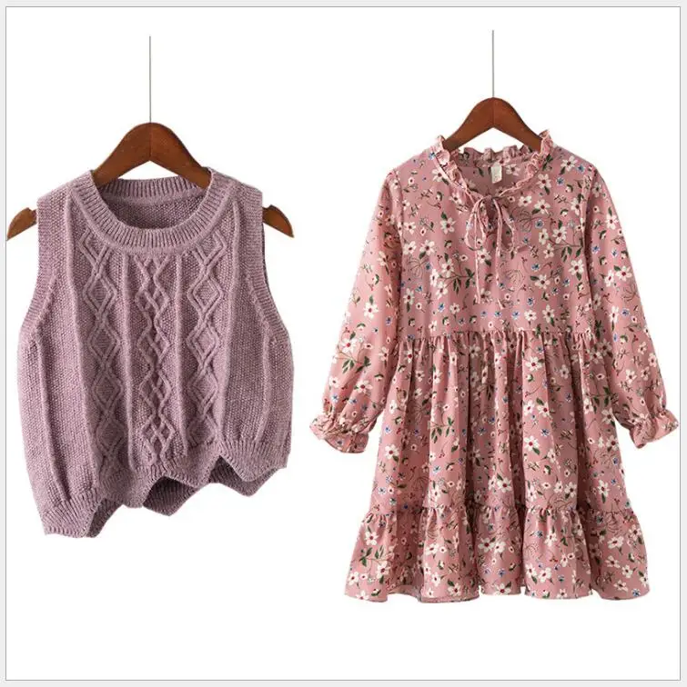 

School girls floral cotton dress with vest fall clothing set 2pcs children cute casual clothing teenagers sweater vest clothes