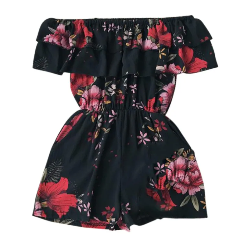 Summer Sexy Off The Shoulder Ruffles Playsuits Casual Loose Overalls With Pocket Floral Print Beach Jumpsuits Rompers Feminino Summer Sexy Off The Shoulder Ruffles Playsuits Casual Loose Overalls With Pocket Floral Print Beach Jumpsuits Rompers Feminino
