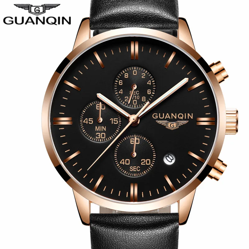 

Guanqin Quartz Watch Mens Watches Top Brand Luxury Chronograph Clock Men Sport Waterproof Leather Wristwatch Relogio Masculino