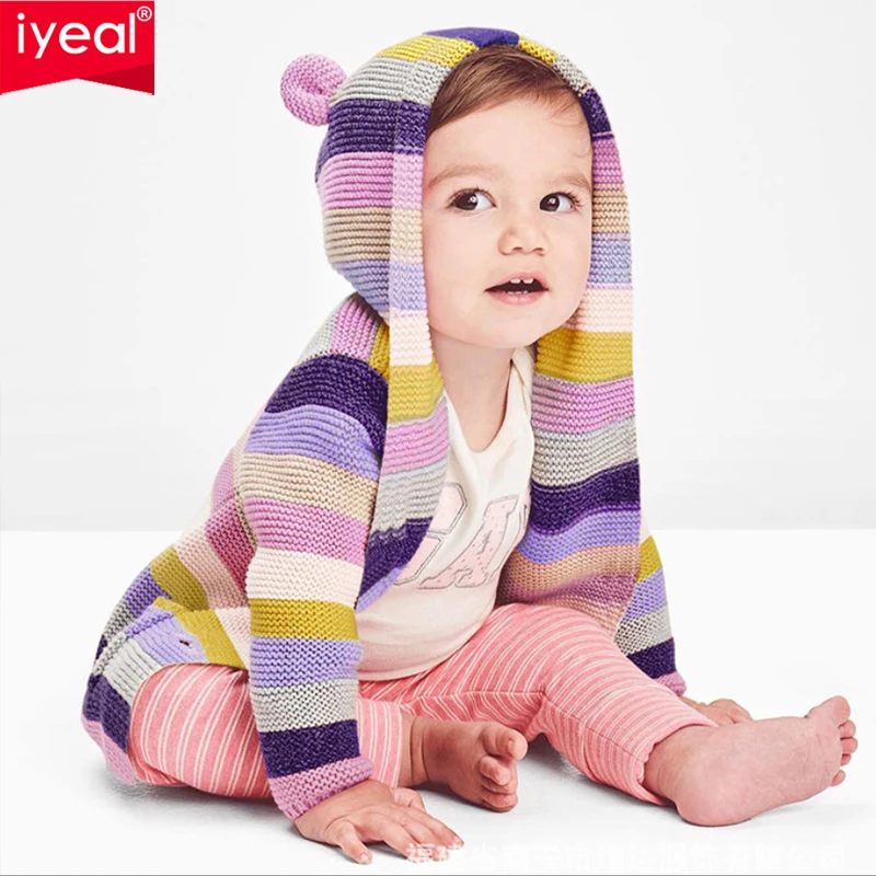 

IYEAL Autumn Winter Boys Sweater Children's Clothing Cute Ears Striped Hooded Kid Baby Girl Sweaters Baby Clothes Tops Knitwear