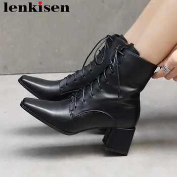 

2018 new fashion soft natural leather thick med heels zipper suqare toe high quality plus size western boots ankle boots L21